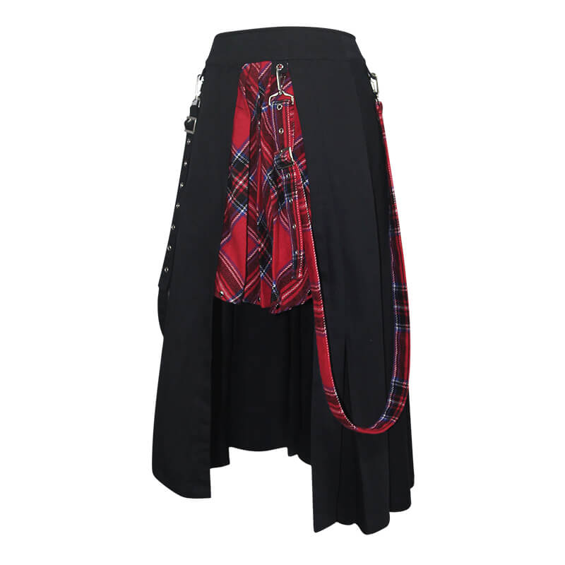 Gothic punk black half plaid skirt with asymmetrical design and stylish chains, perfect for edgy fashion lovers.