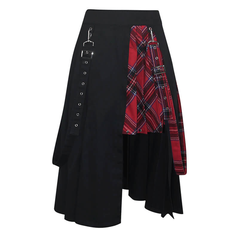 Gothic punk black half plaid skirt with asymmetrical design and stylish plaid accent.