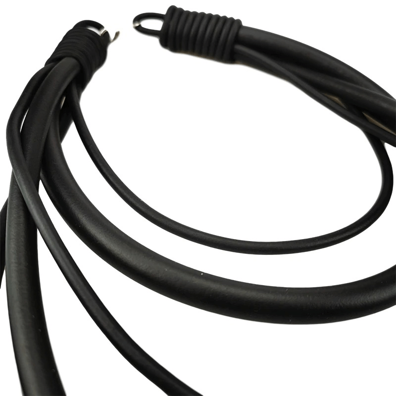 Close-up of a handmade gothic punk black rubber necklace showcasing sleek, flexible rubber strands.