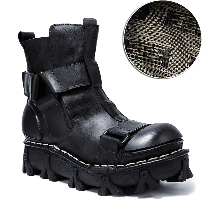 Gothic punk black genuine leather boot with unique design and breathable features, perfect for stylish punk wardrobes.