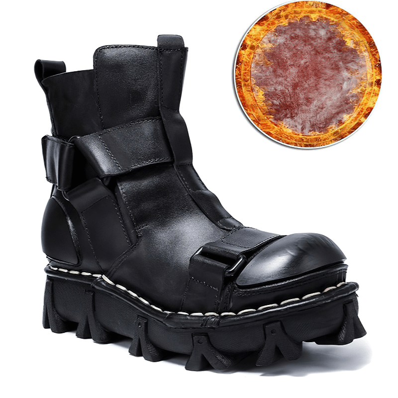 Gothic punk breathable genuine leather boots with a unique combination vamp design, perfect for edgy fashion lovers.