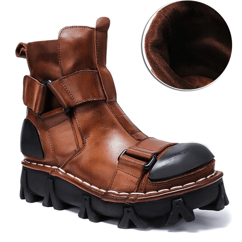 Gothic punk breathable genuine leather boots with unique design and sturdy sole for stylish comfort.
