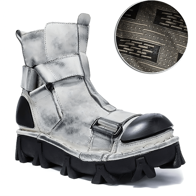Gothic punk breathable genuine leather boots featuring a unique combination vamp design with rugged details.