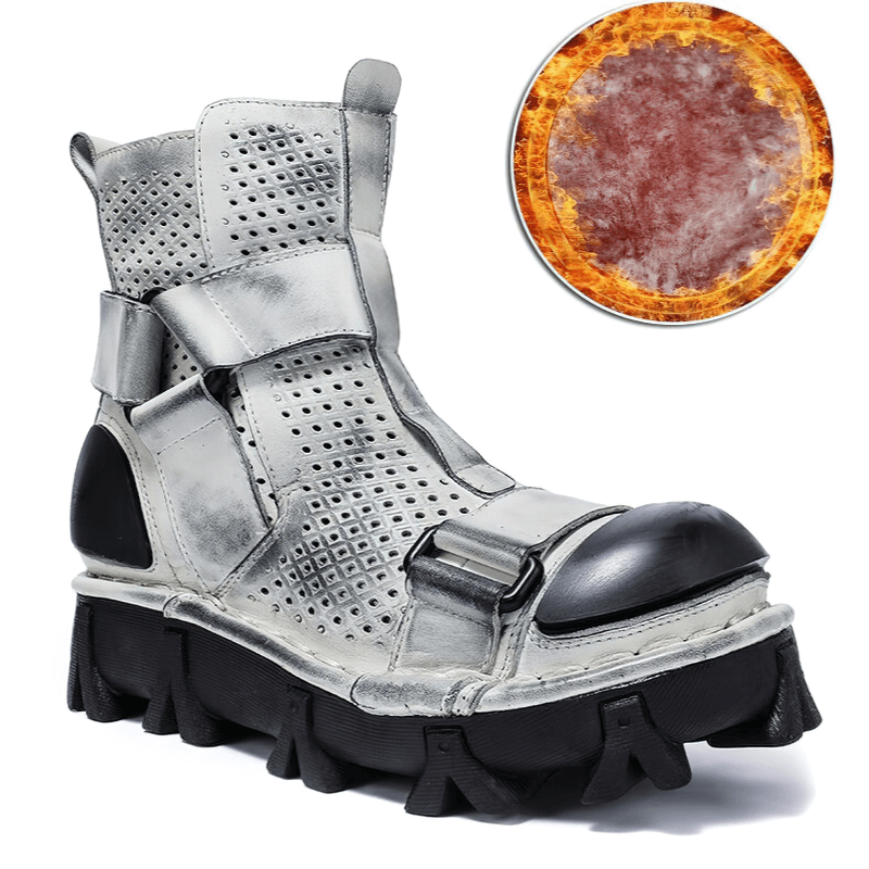 Gothic punk breathable genuine leather boots with unique combination vamp design and edgy styling.