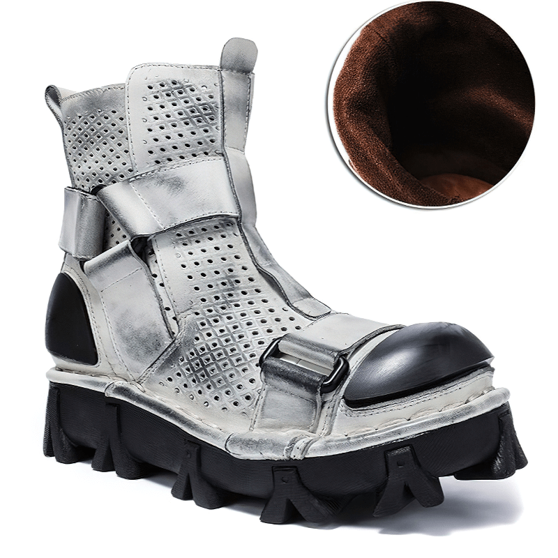 Gothic punk breathable genuine leather boots with combination vamp design, showcasing unique style and comfort.
