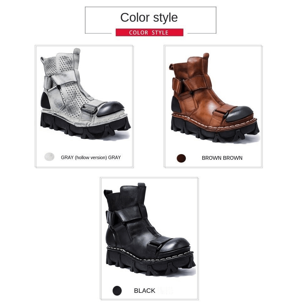 Gothic punk breathable leather boots in gray, brown, and black color styles featuring a unique combination vamp design.