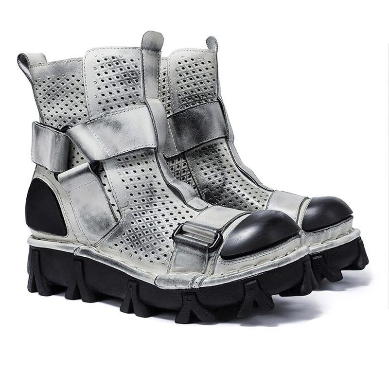 Gothic punk breathable genuine leather boots with unique combination vamp design, perfect for a stylish wardrobe upgrade.
