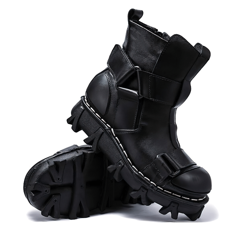 Gothic punk breathable genuine leather boots with unique combination vamp design.