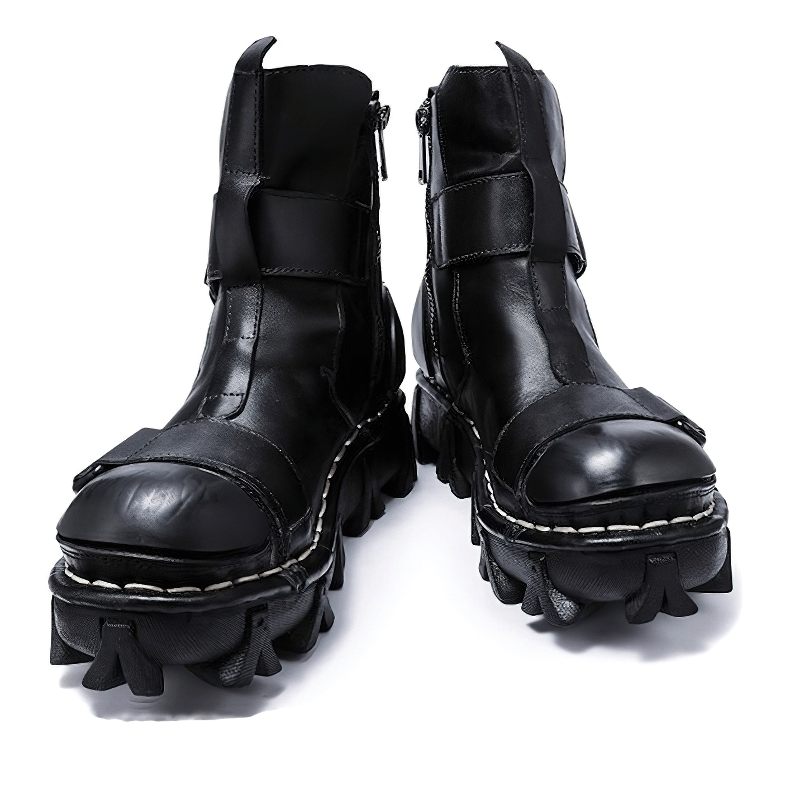 Gothic punk genuine leather boots with unique combination vamp design, perfect for a stylish punk wardrobe.