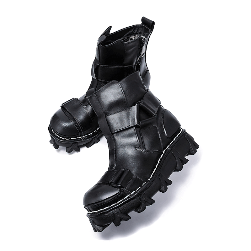 Gothic punk breathable genuine leather boots with unique design and rugged sole for stylish comfort.