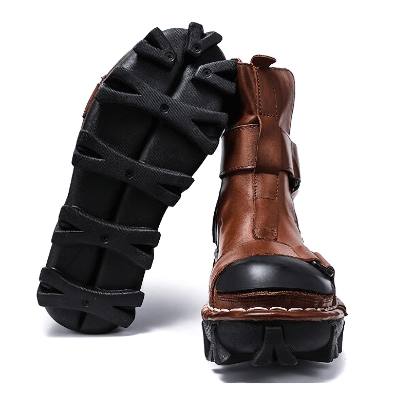 Gothic punk breathable genuine leather boots featuring a unique combination vamp design and sturdy rubber sole.