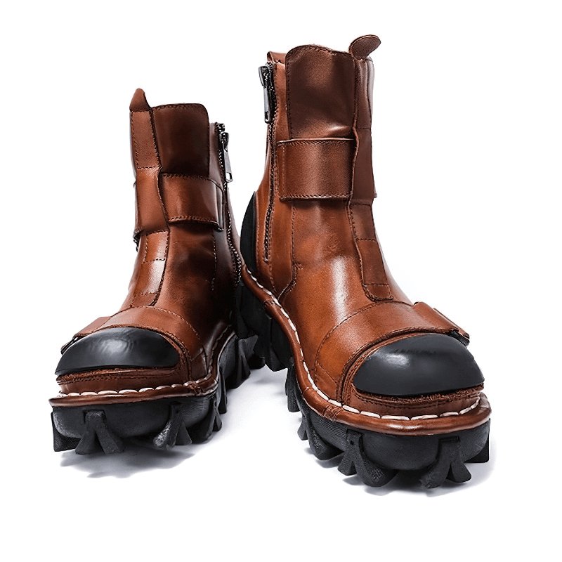 Gothic punk breathable genuine leather boots in brown with unique vamp design and rugged sole.