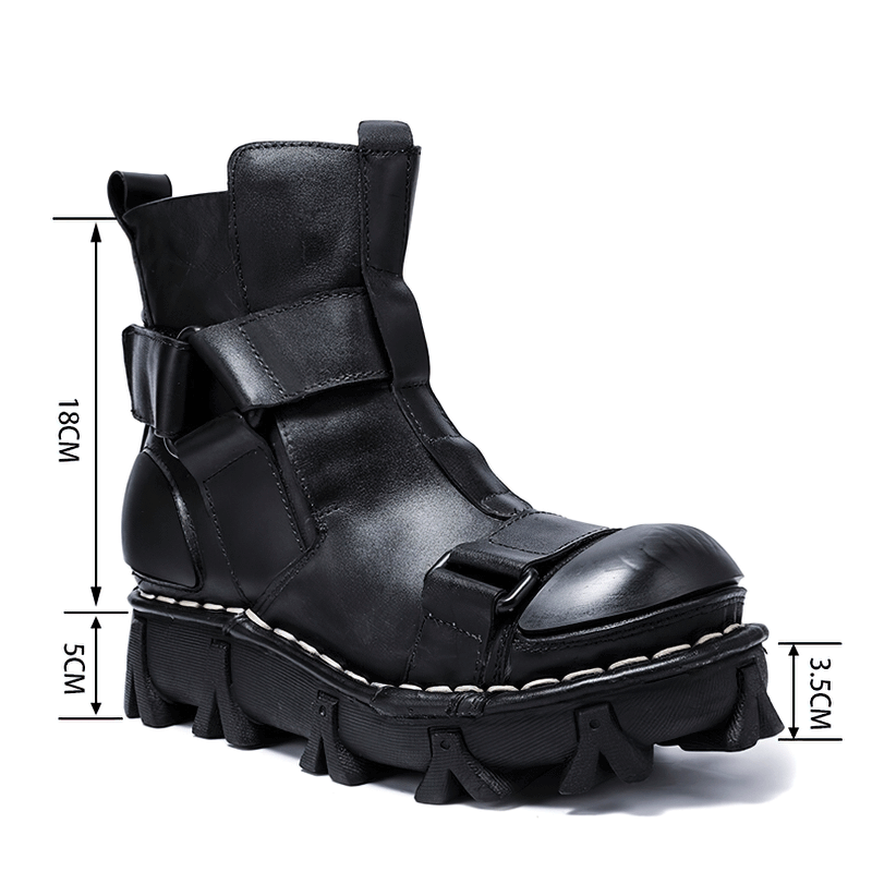 Gothic punk breathable genuine leather boots with unique design, featuring a combination vamp and chunky sole.