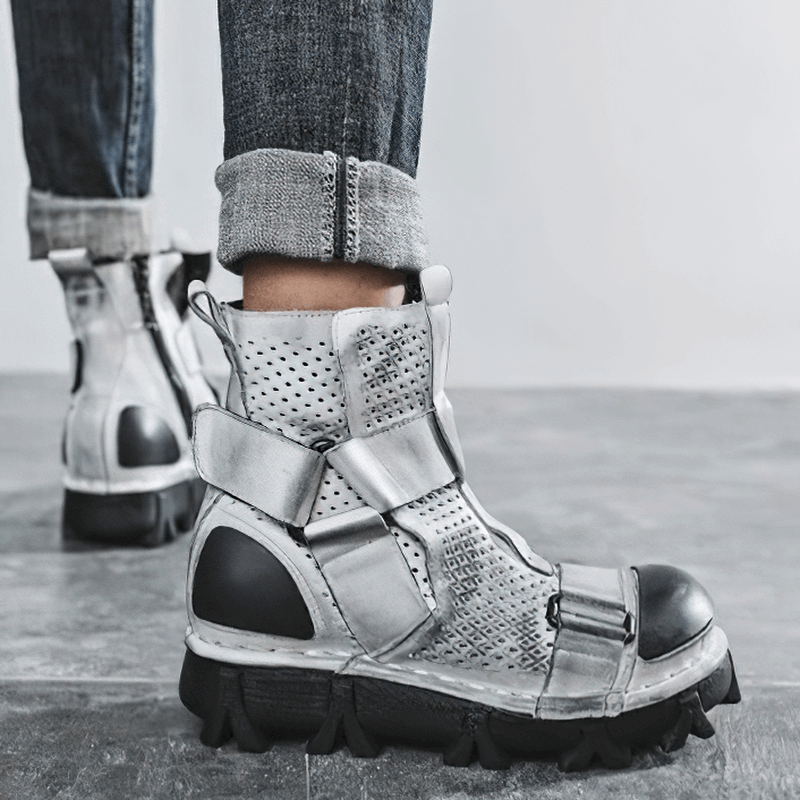 Gothic punk breathable leather boots in silver with stylish straps and unique vamp design, perfect for edgy fashion lovers.
