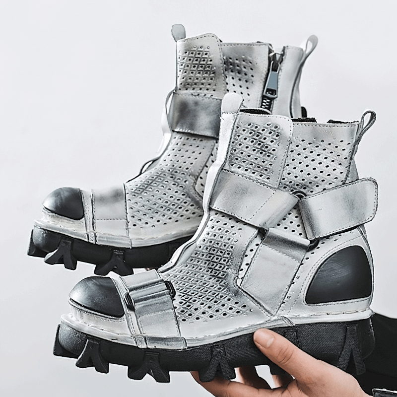 Gothic punk breathable genuine leather boots with unique combination vamp design in silver.