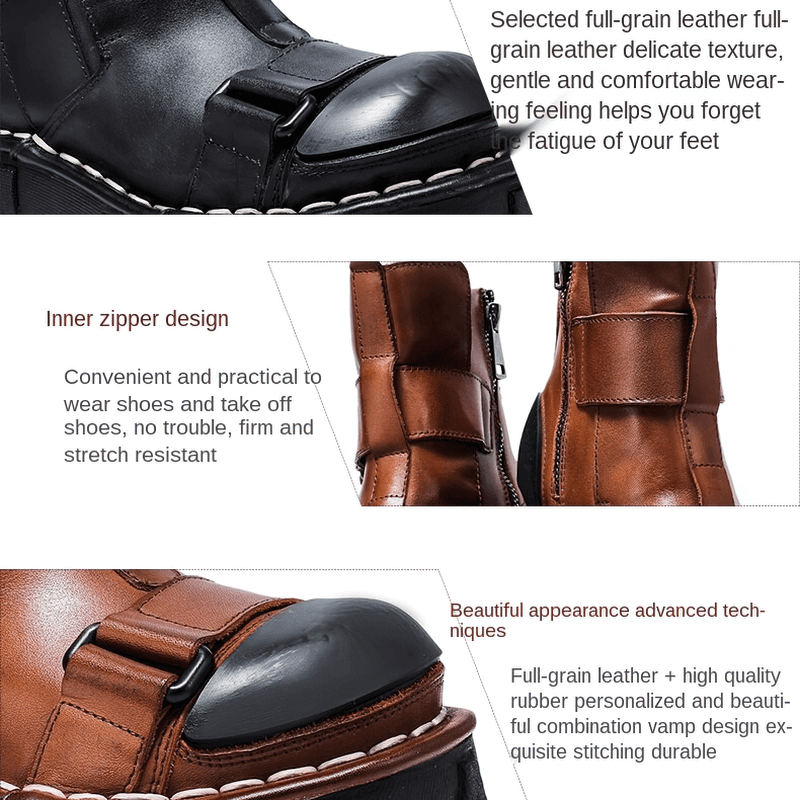 Close-up of Gothic punk breathable genuine leather boots featuring inner zipper design and detailed craftsmanship.