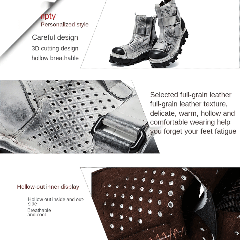 Gothic punk breathable leather boots showcasing 3D cut design and hollow-out texture for comfort and style.