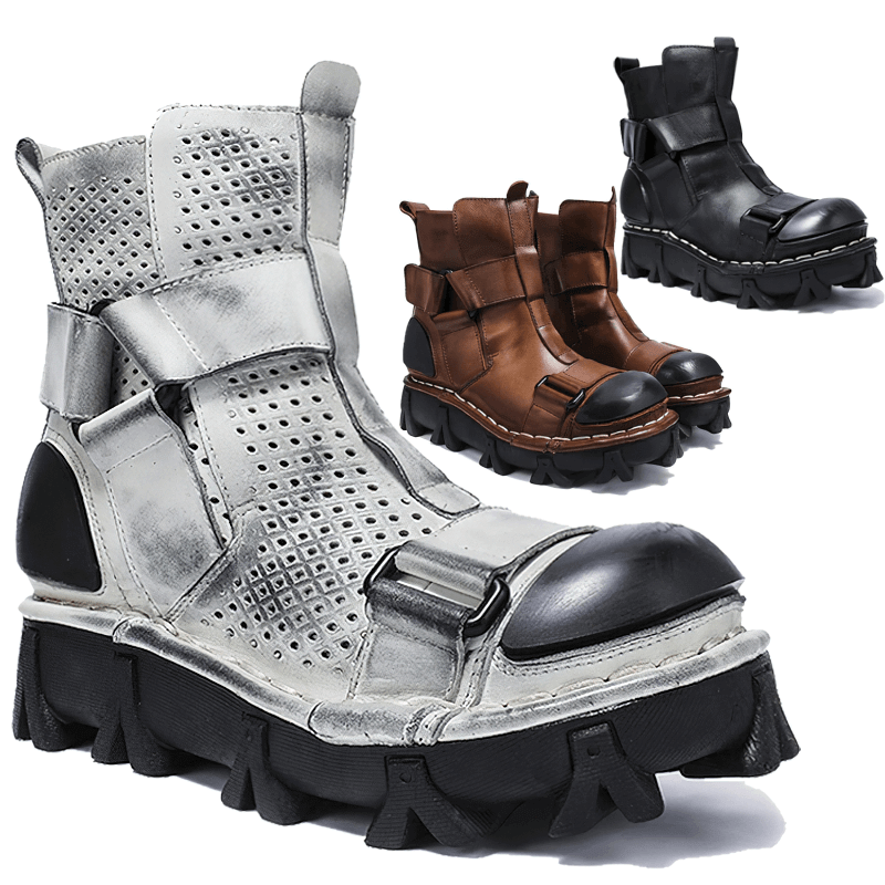 Gothic punk breathable genuine leather boots in black, brown, and silver designs for edgy style and comfort.