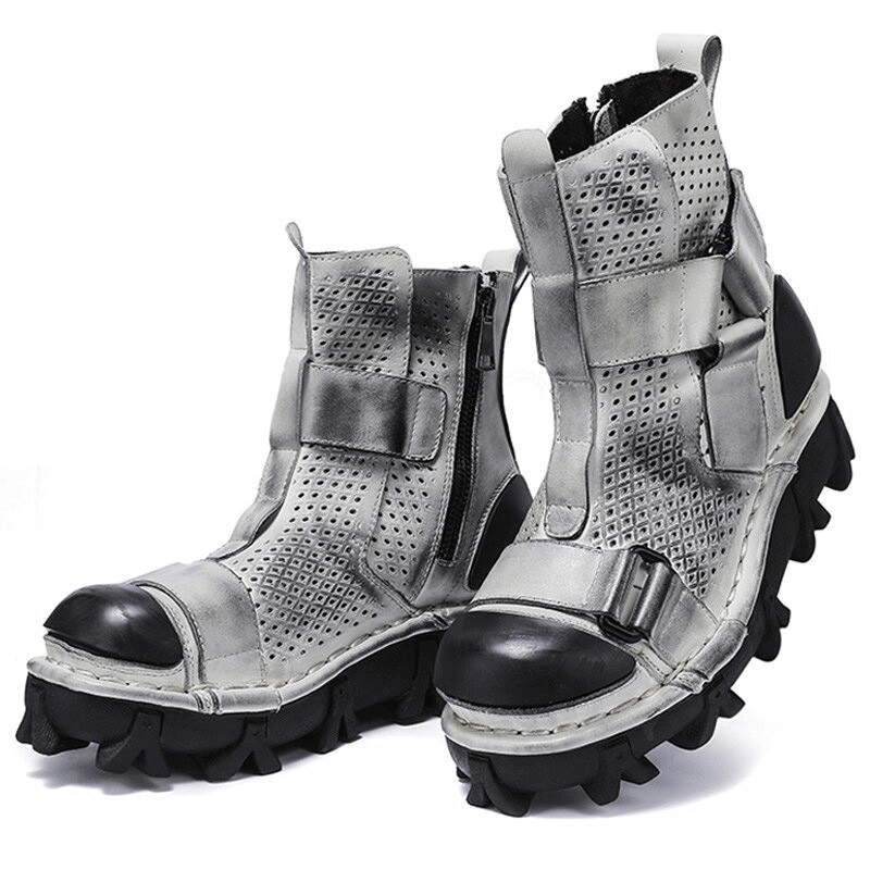 Gothic punk breathable genuine leather boots with a unique combination vamp design for stylish comfort.
