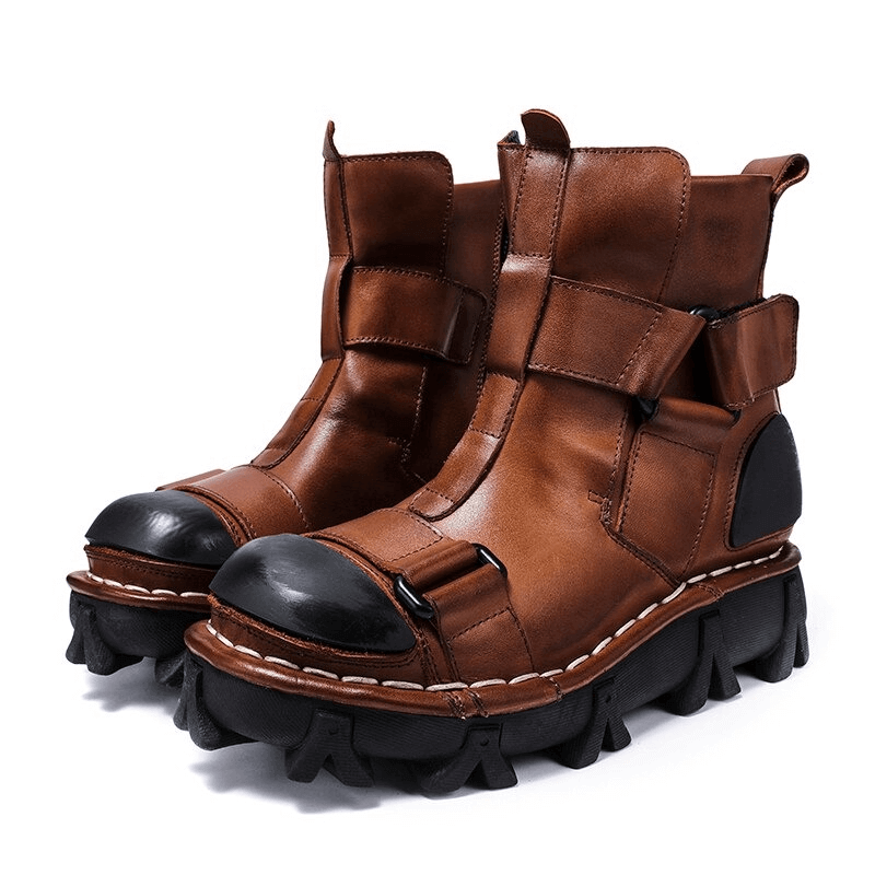 Gothic punk breathable genuine leather boots with unique combination vamp design and rugged sole.