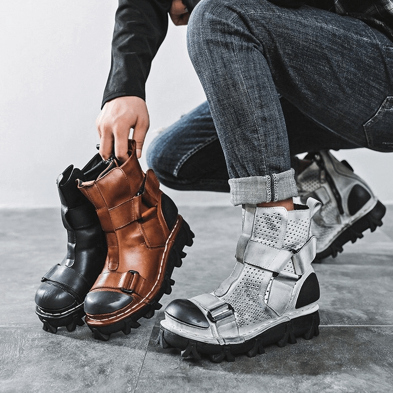 Gothic punk breathable leather boots in black, brown, and silver designs, perfect for a stylish punk wardrobe.