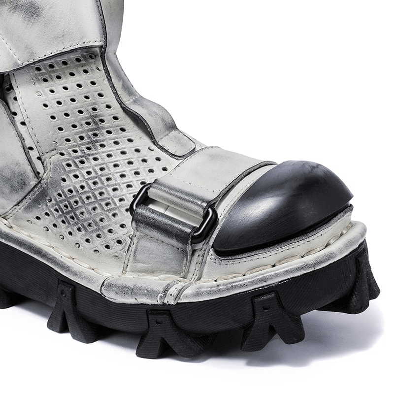 Close-up of gothic punk breathable genuine leather boots with a unique combination vamp design.