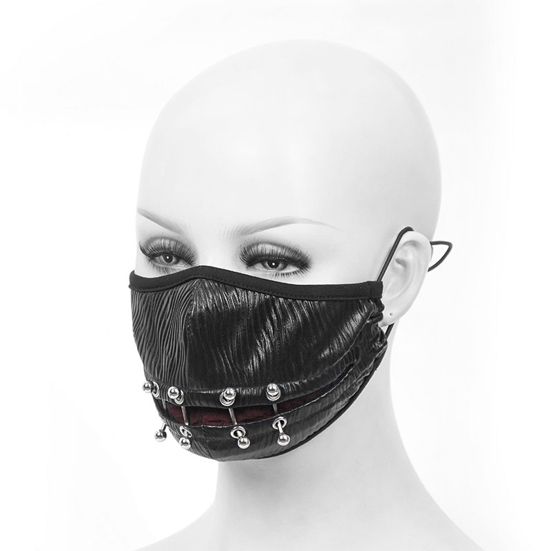 Gothic Punk Face Mask For Men / Male Black Masks with Piercing Rings in Cyberpunk Style - HARD'N'HEAVY