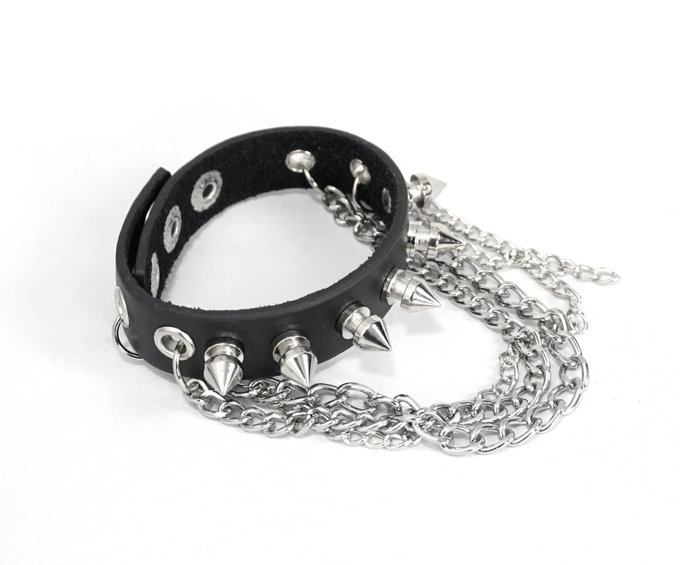 Gothic Punk Faux Leather Bracelet With Chain / Black Adjustable Wristbands with Studs - HARD'N'HEAVY