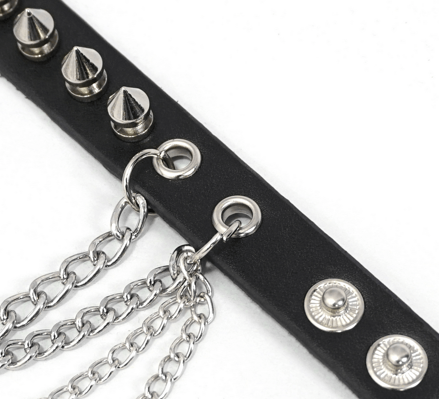 Gothic Punk Faux Leather Bracelet With Chain / Black Adjustable Wristbands with Studs - HARD'N'HEAVY