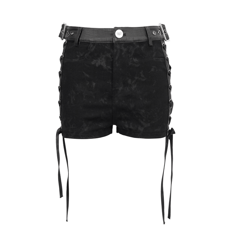 Gothic Punk Female Black Shorts with Lace-up on Sides / Fashion Sexy Buckles Shorts for Women