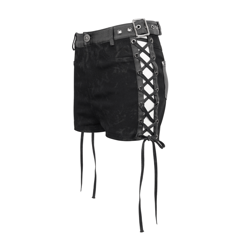 Gothic Punk Female Black Shorts with Lace-up on Sides / Fashion Sexy Buckles Shorts for Women