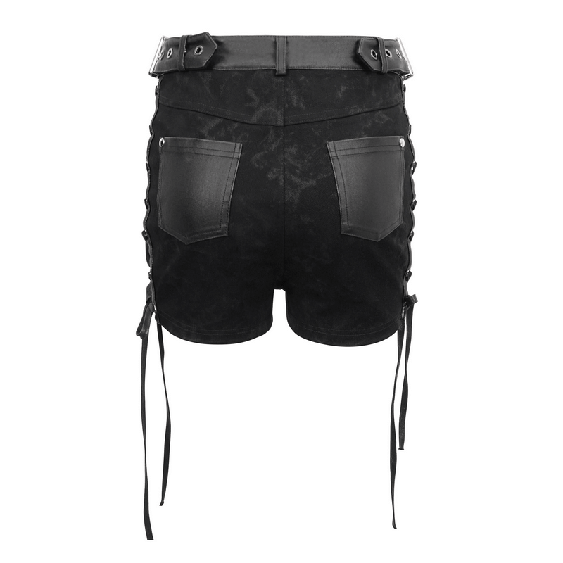 Back view of black gothic punk shorts for women with lace-up sides and stylish buckle belt.