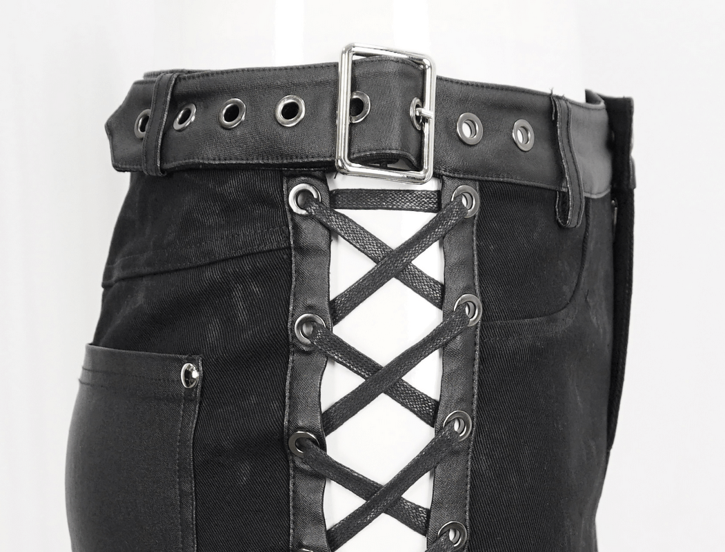 Close-up of Gothic punk black shorts featuring lace-up sides and a stylish buckle belt for women.