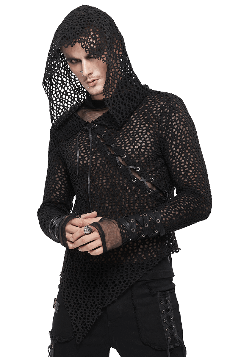 Men's gothic punk black mesh hooded top with asymmetrical cut and lacing details.