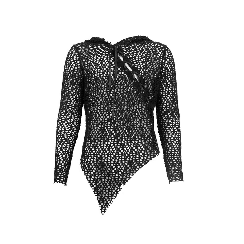 Gothic punk irregular hooded net top with lacing detail and asymmetrical cut for stylish alternative fashion.