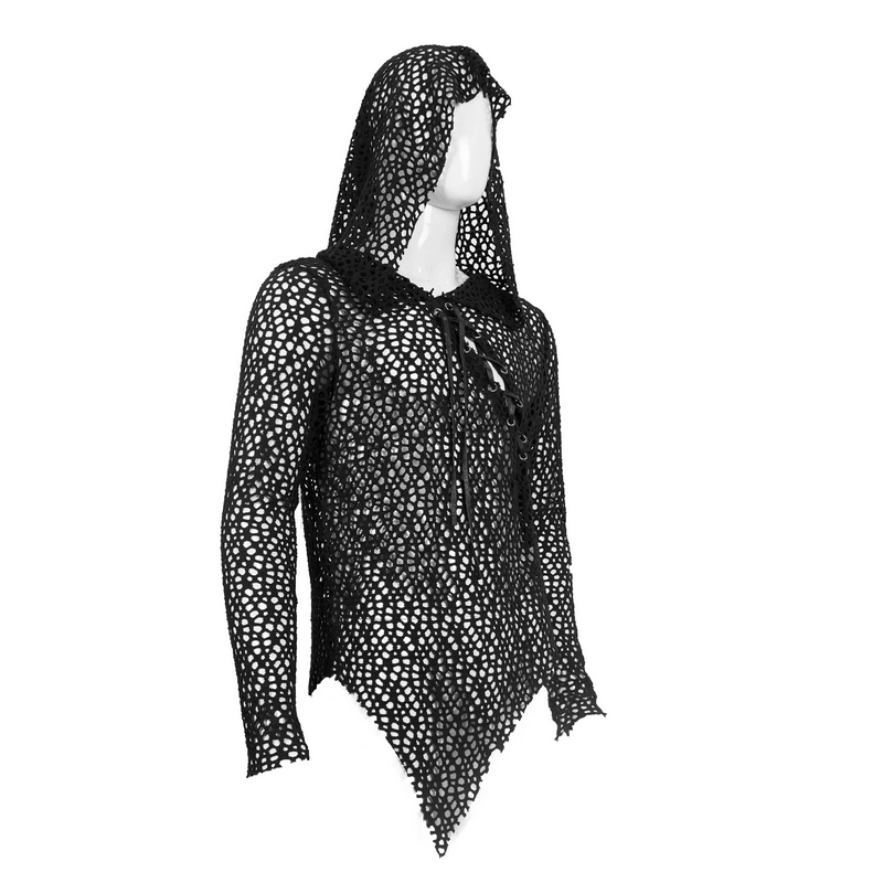 Men's black mesh hooded top with long sleeves, laced detail, and asymmetrical cut for a gothic punk style.