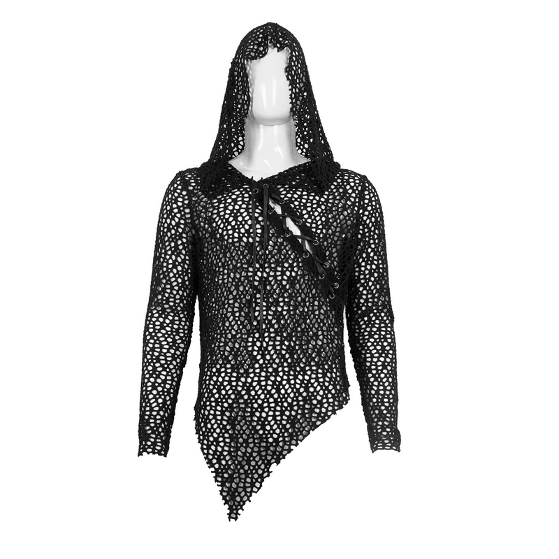Gothic punk black mesh hooded top with asymmetrical cut and long sleeves for alternative fashion lovers.