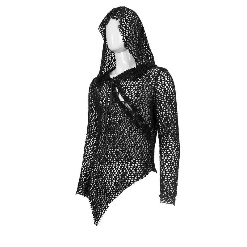 Gothic punk black mesh hooded top with lacing, asymmetrical cut for an edgy alternative style.