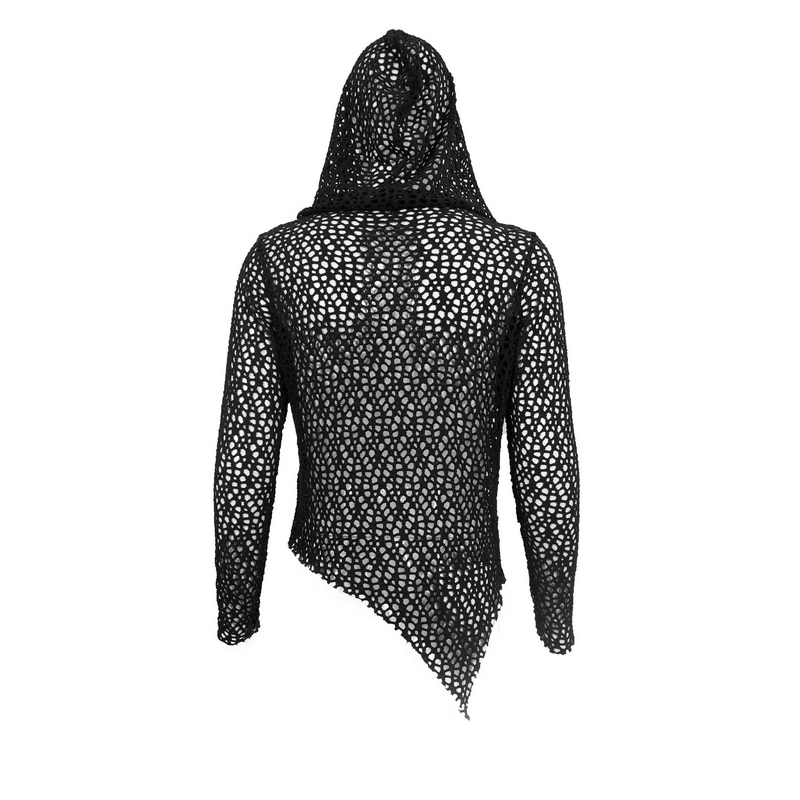 Men's black gothic punk hooded mesh top with irregular asymmetrical cut, perfect for alternative fashion lovers.