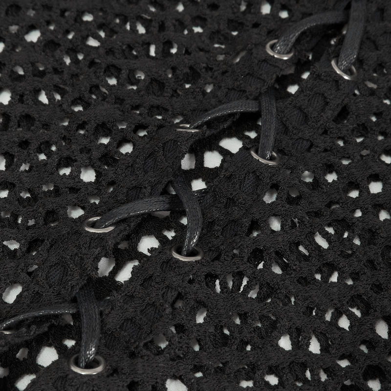 Close-up of black mesh fabric with lacing details, showcasing gothic punk style and asymmetrical design.