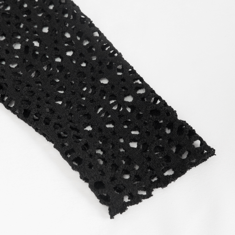 Close-up of black mesh fabric with intricate lace detailing, perfect for a gothic punk style top.