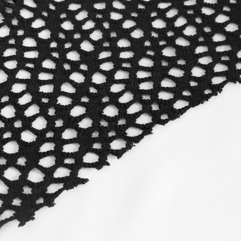 Close-up of black mesh fabric showcasing intricate lace-like pattern perfect for alternative fashion styles.