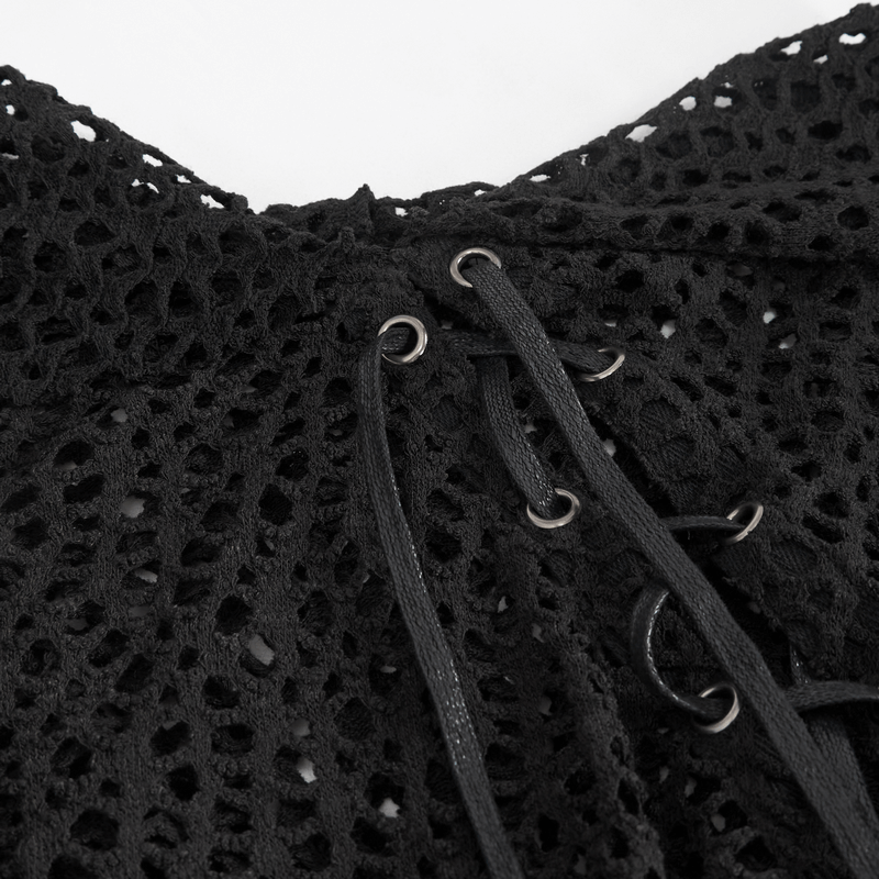 Close-up of intricate lacing on a black mesh hooded punk top, showcasing alternative fashion details.