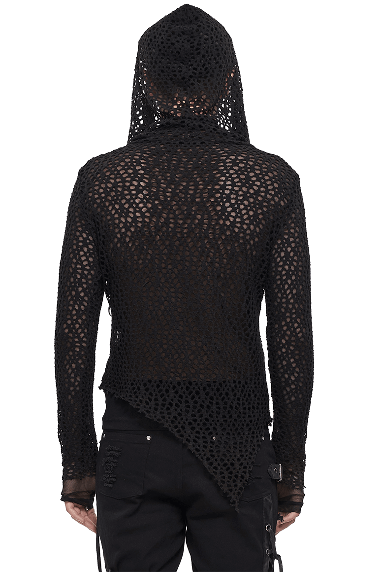 Back view of a men's black mesh hooded top with asymmetrical cut, showcasing punk style in alternative fashion.
