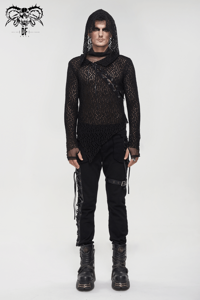 Men's gothic punk irregular hooded mesh top with lacing detailing, styled for alternative fashion.
