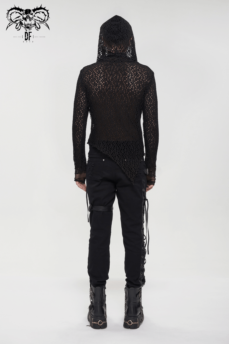 Men's black mesh hooded top with irregular cut, showcasing punk style and alternative fashion, perfect for edgy looks.