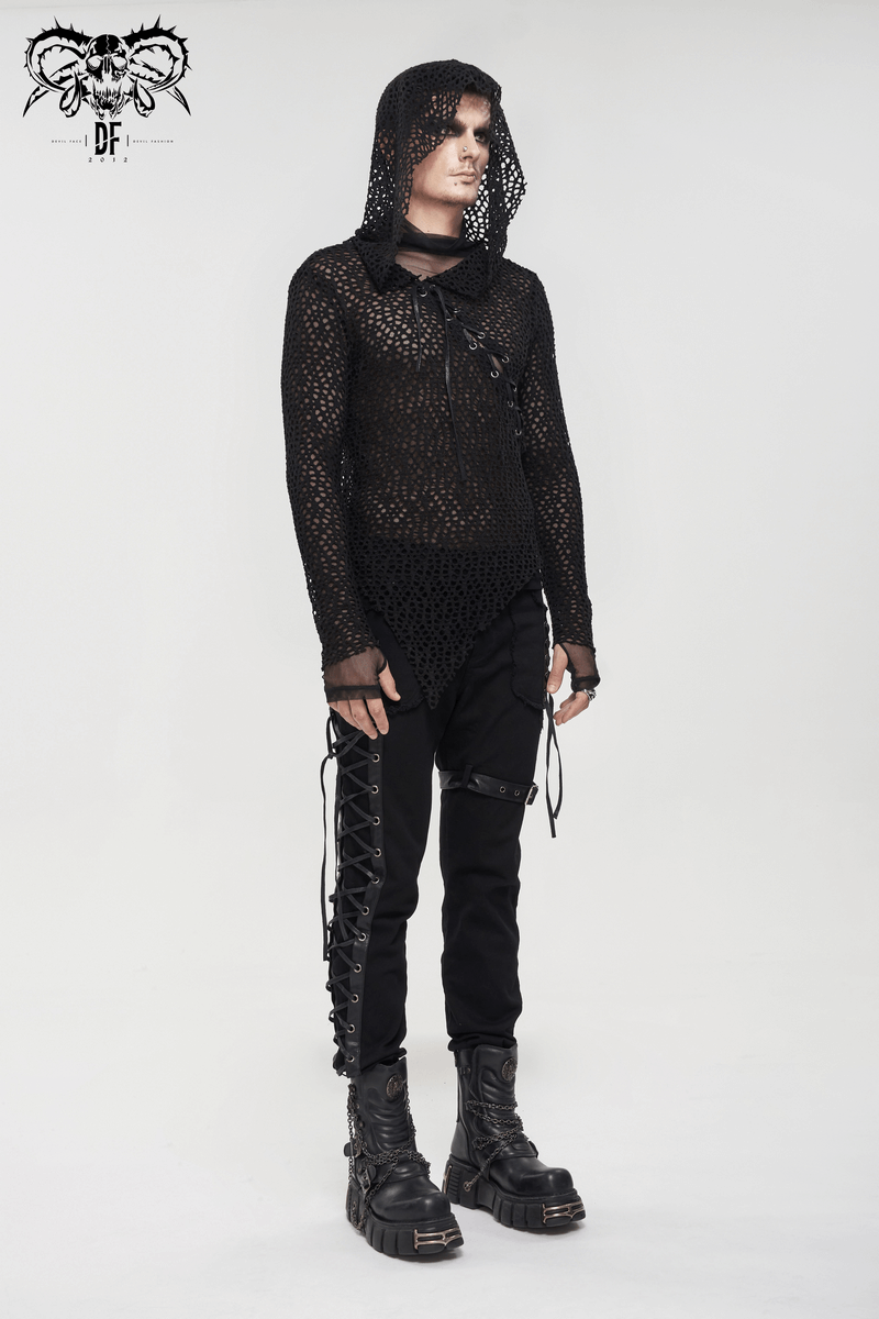 Men's gothic punk black mesh hooded top featuring long sleeves and an asymmetrical cut, perfect for alternative fashion.