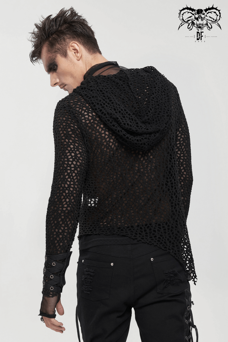 Men's black hooded mesh top with irregular cut, showcasing punk style and edgy fashion statement.