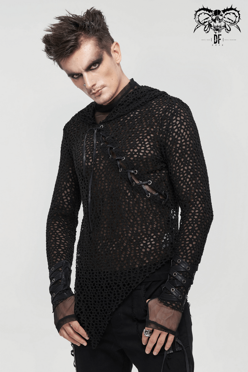 Men's black mesh hooded top with lacing, featuring an asymmetrical cut, perfect for alternative punk fashion.