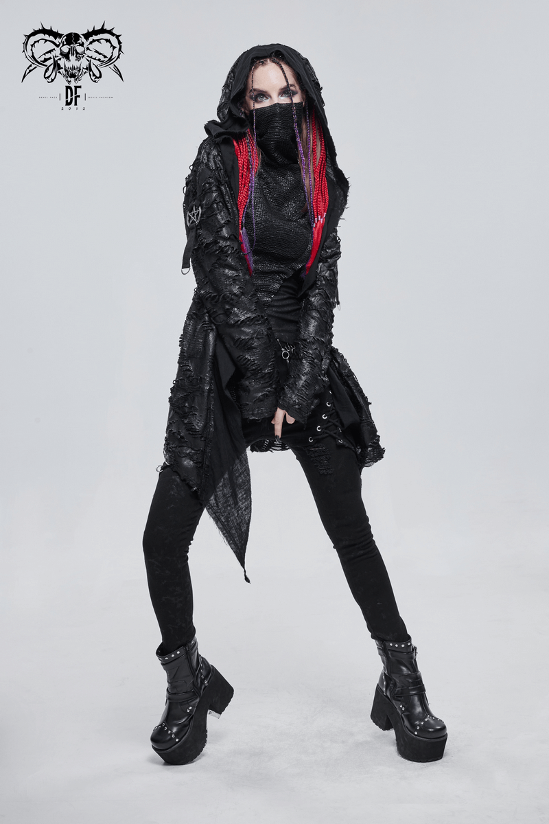 Gothic Punk Irregular Hooded Trench Coat / Stylish Loose Cape with Metal Pentagrams - HARD'N'HEAVY